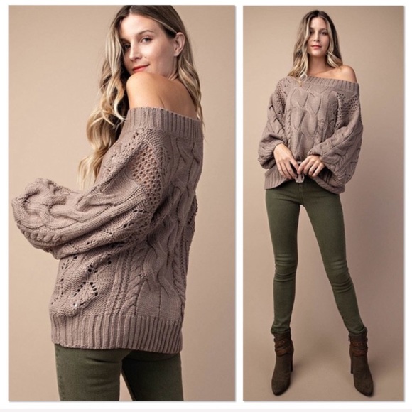 CCO SALE Mocha Cable Knit Puff Sleeve Sweater - Picture 4 of 4